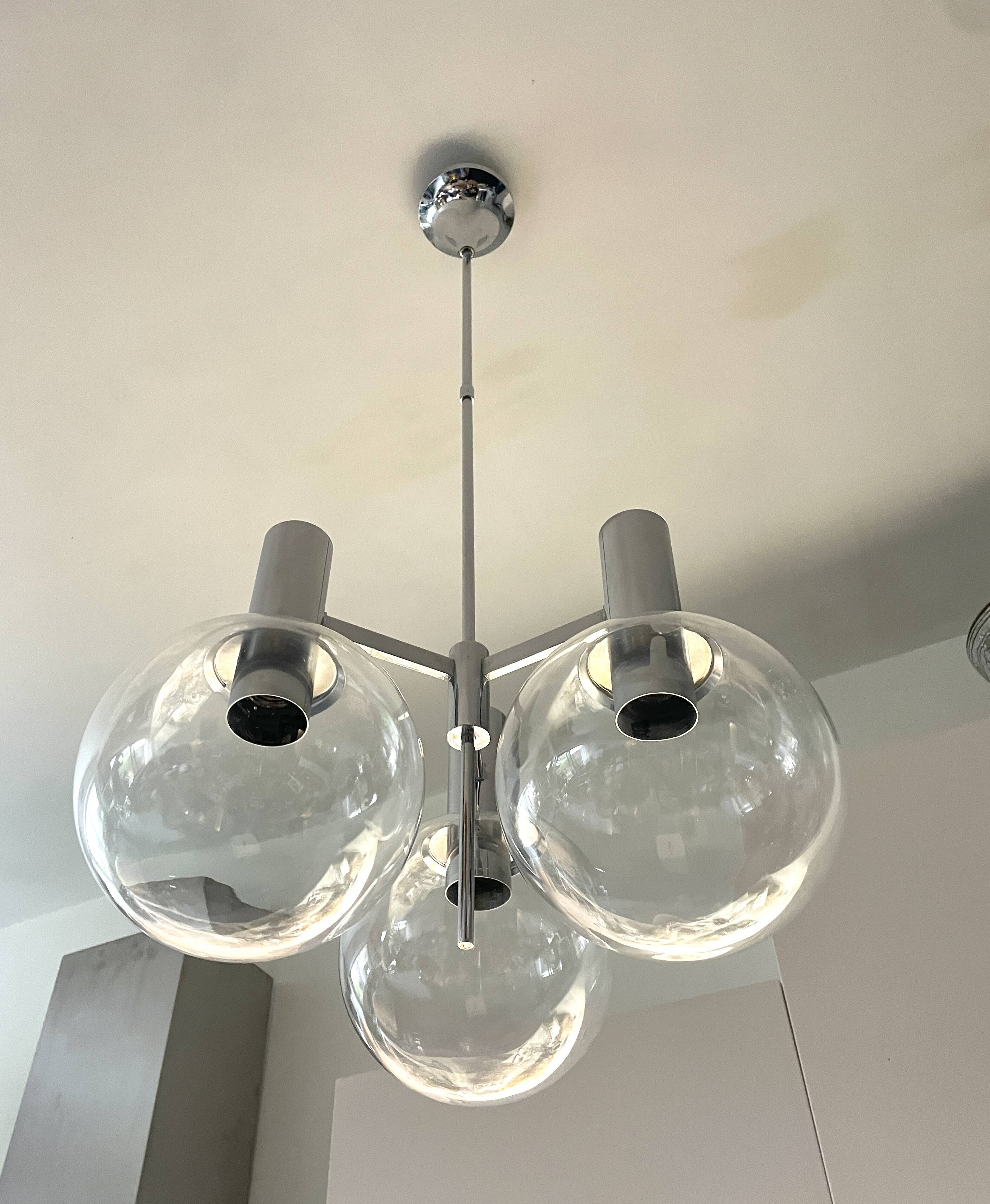 Kaiser Germany, chrome chandelier / suspension with 3 lights, glass balls. 1960