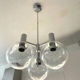 Kaiser Germany, chrome chandelier / suspension with 3 lights, glass balls. 1960