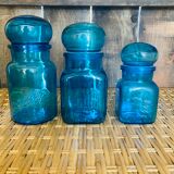 Trio of jars apothecary bottle in blue glass with round cap