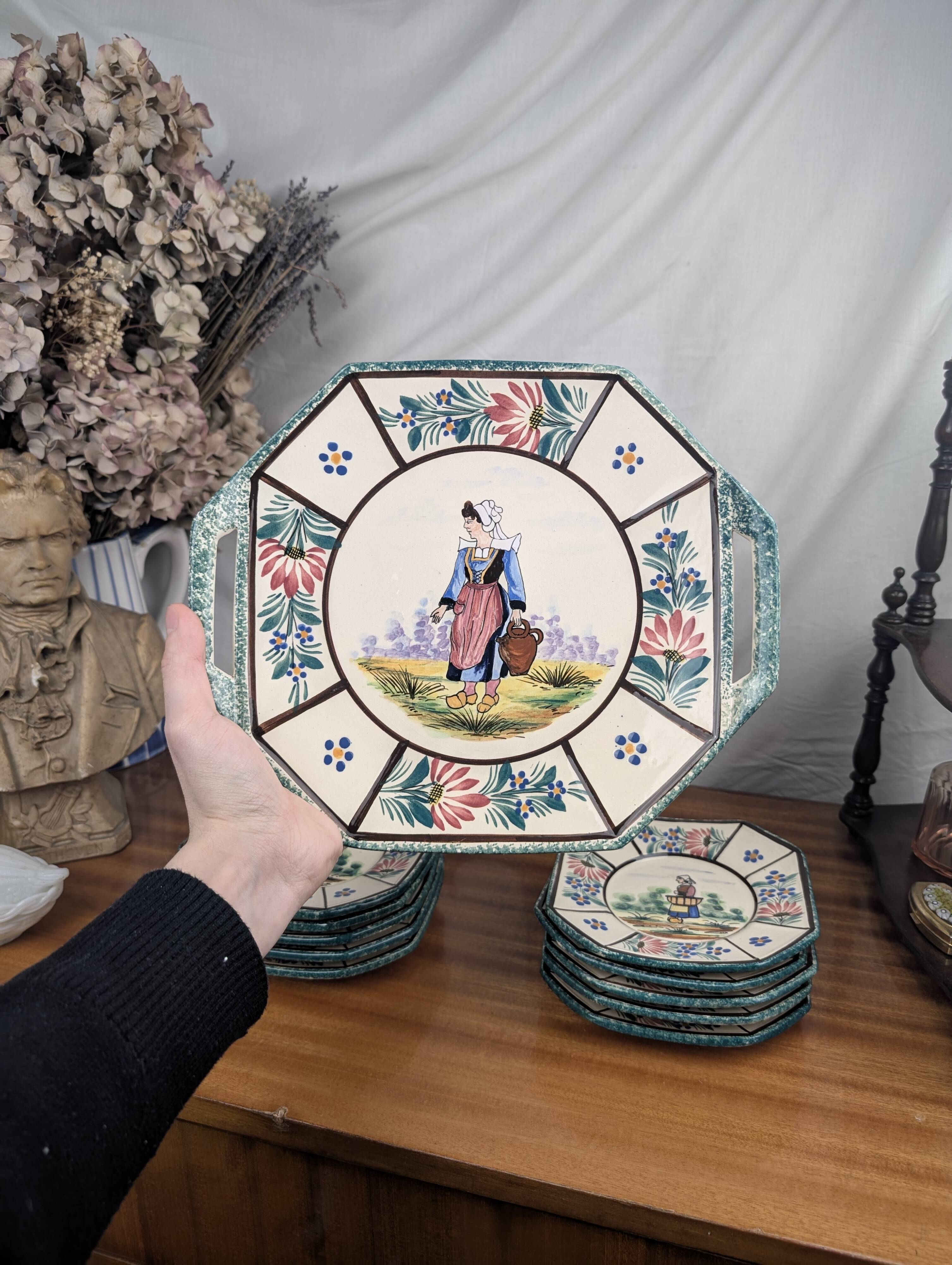 Henriot Quimper RM Octagonal Dessert Service Breton Couple Art Deco Style