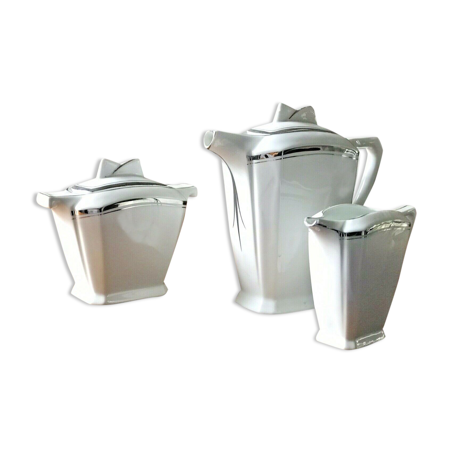 Art deco coffee service white porcelain of limoges liseré silver signed p.f.