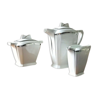 Art deco coffee service white porcelain of limoges liseré silver signed p.f.