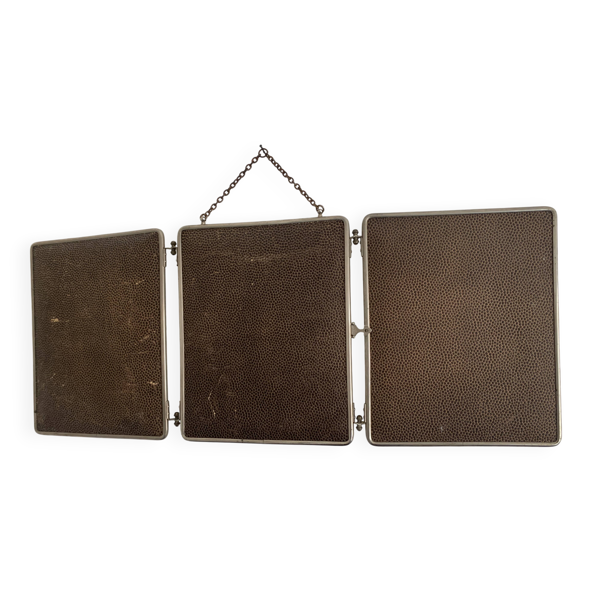 Vintage 1930s triptych barber mirror in brown imitation shagreen - 30 x 77 cm