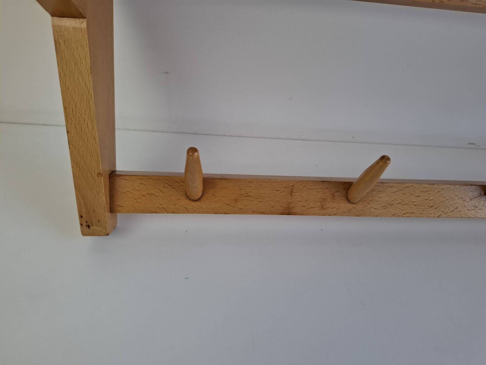 Uluv czechoslovakian mid-century wooden wall coat rack with shelf, 1970