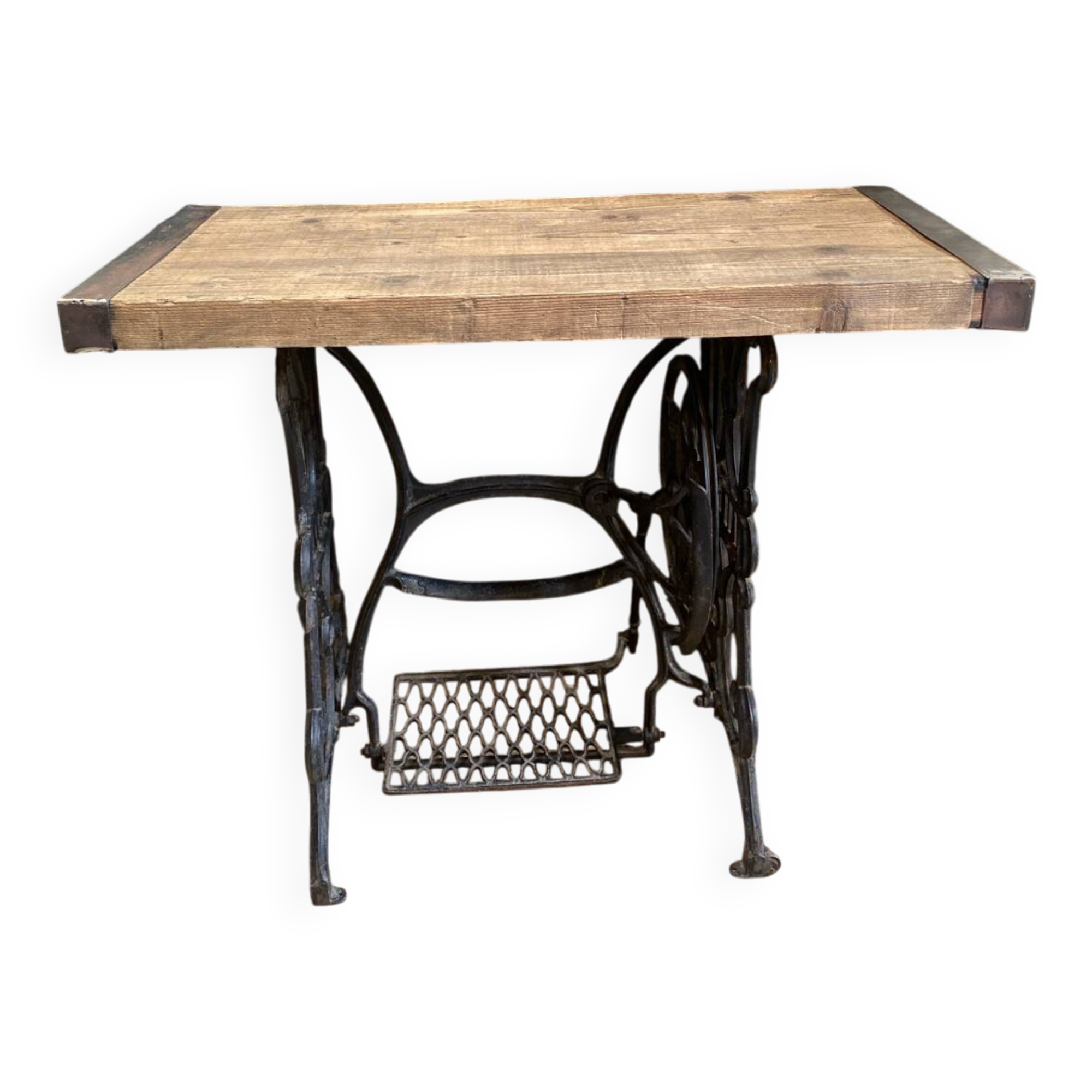 Vintage wooden table with a cast iron base.