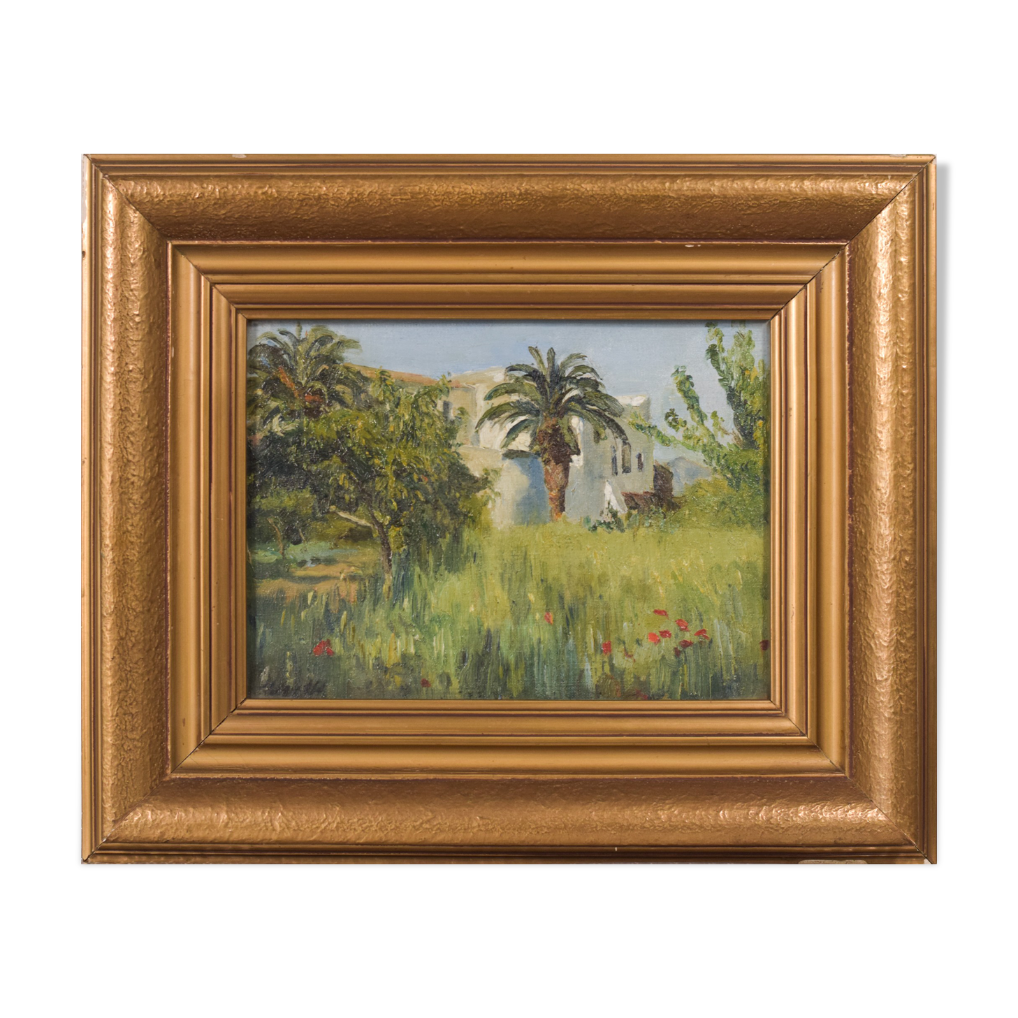 Impressionist oil of villa and palm trees
