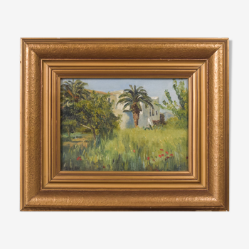 Impressionist oil of villa and palm trees