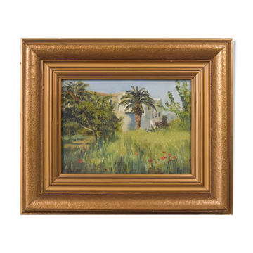 Impressionist oil of villa and palm trees
