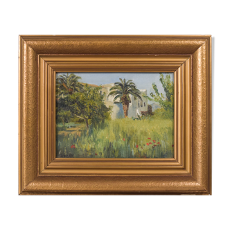 Impressionist oil of villa and palm trees
