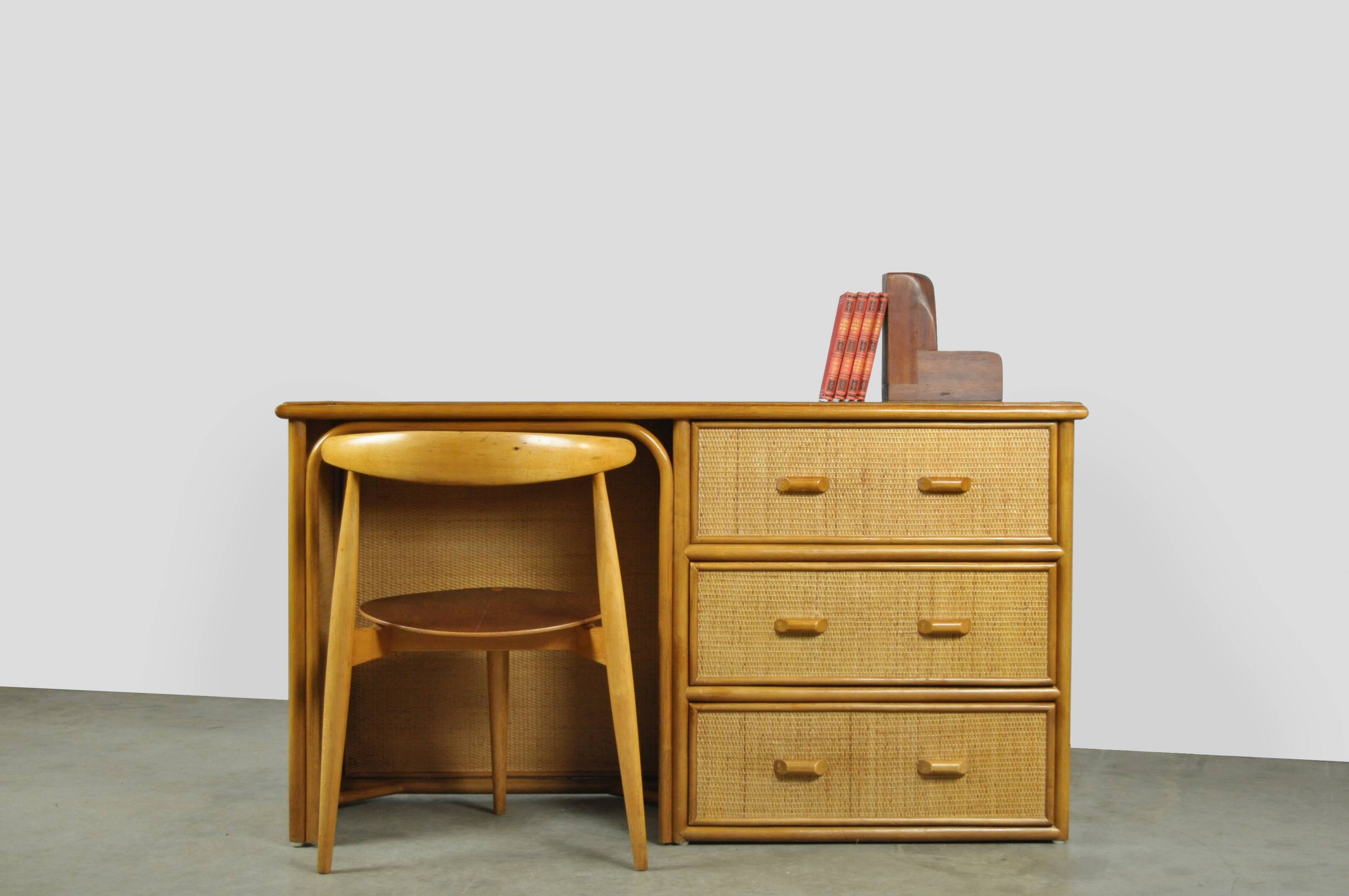 Vintage BAMBOO Writer’s Desk with Drawers, Italy 1980