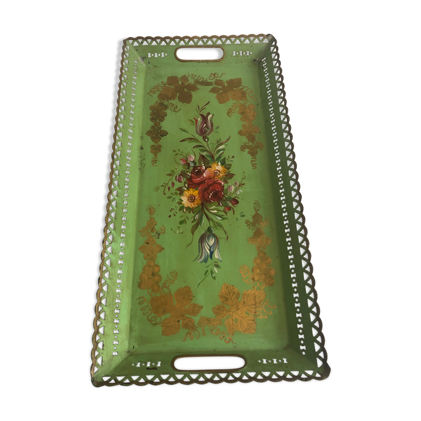 Large Napoleon III tray, painted sheet metal, floral motif