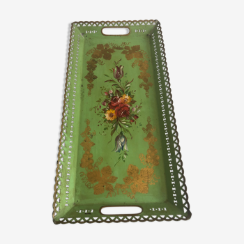 Large Napoleon III tray, painted sheet metal, floral motif