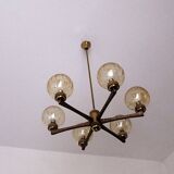 Angelo Brotto for Esperia gold-plated brass chandelier with 6 crackle-glass globes, Italy 1960s