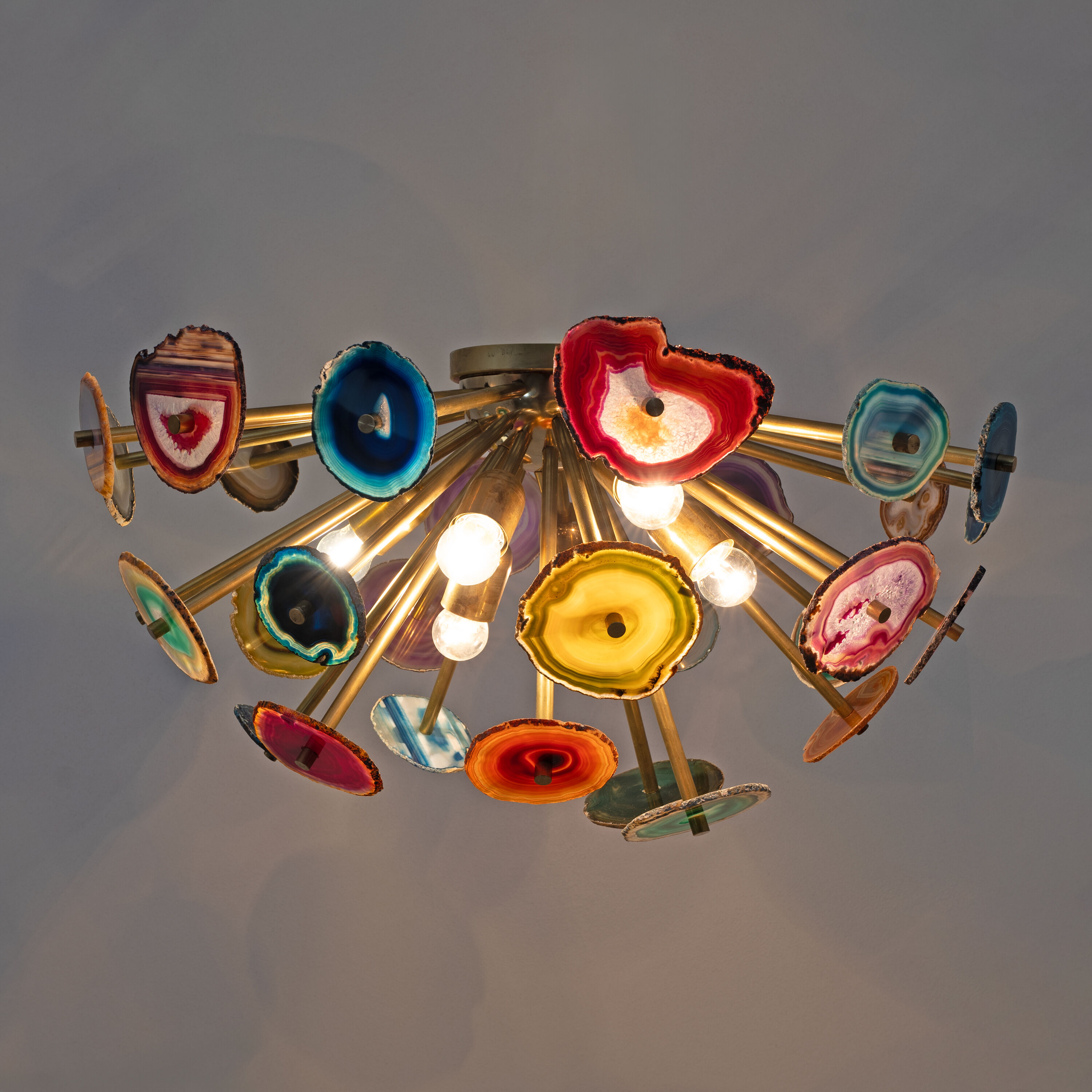 Italian-designed "Sputnik" Ceiling Lamp with Agate Stone Sections and Brass