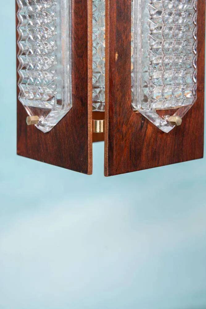 Vintage wooden and glass suspension Flygsfors Facette, glass lamp.
