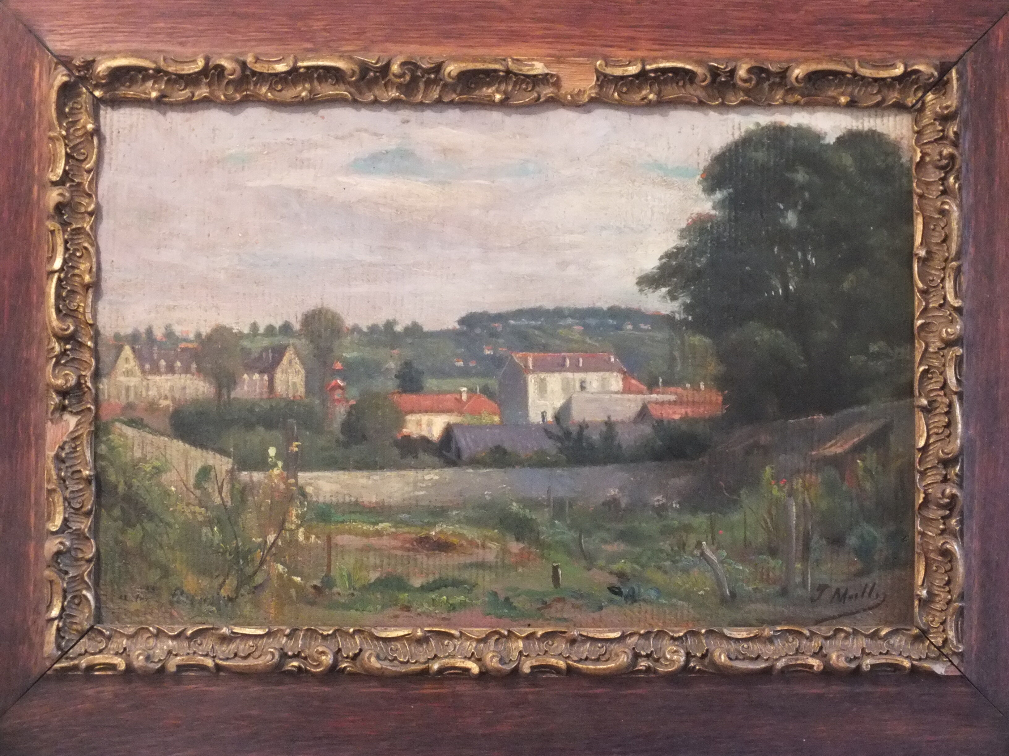 Oil painting on framed landscape panel signed J or F Muller