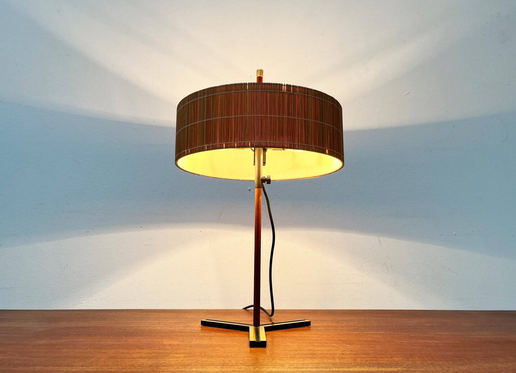 Minimalist tripod table lamp in teak, mid-century German style by Kaiser Leuchten, 1960s.