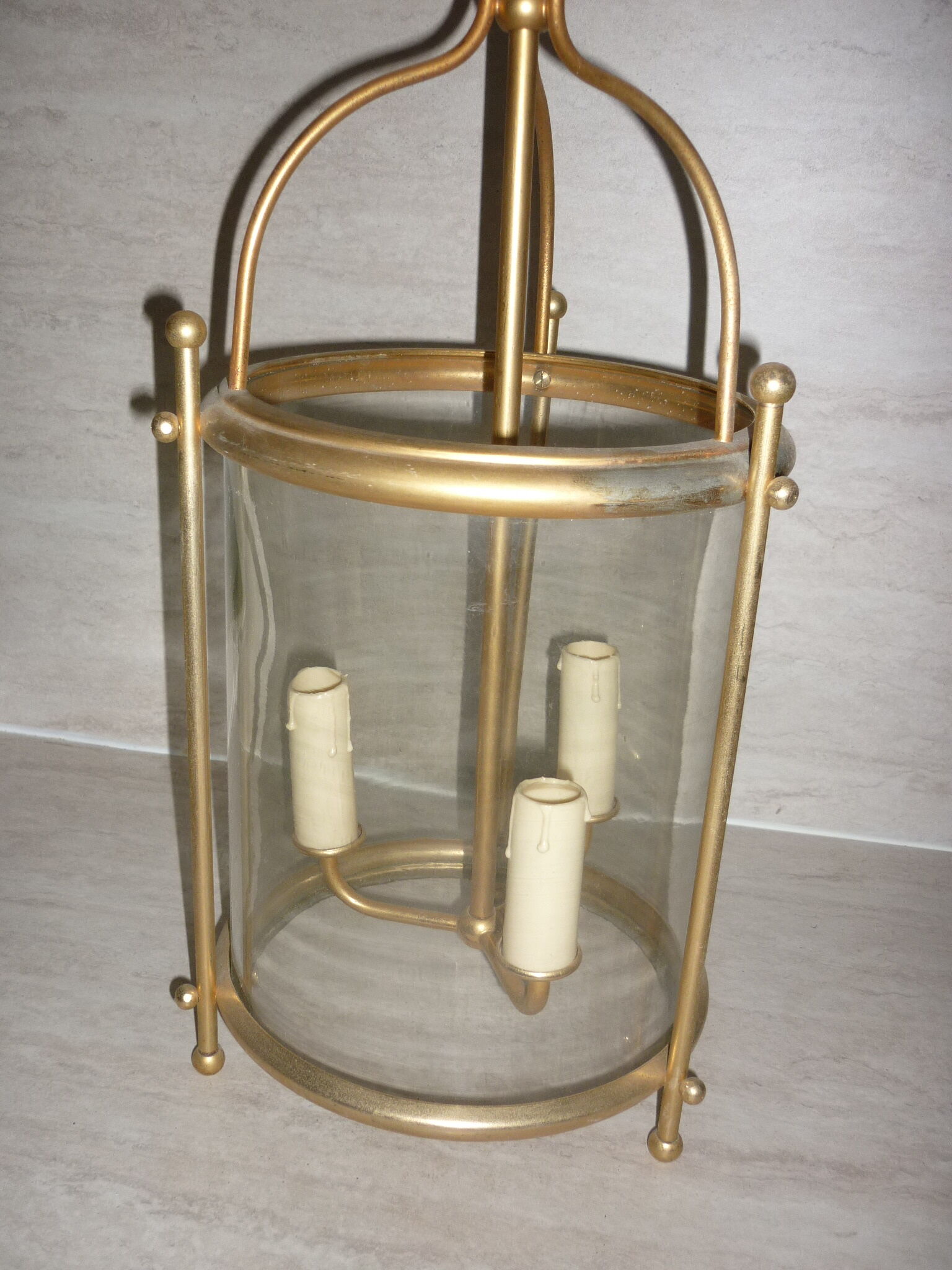 Glass lantern and gilded brass, antique pendant lamp