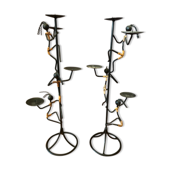 Pair of iron wire and wicker table candlesticks signed Laurids Lonborg Denmark around 1960