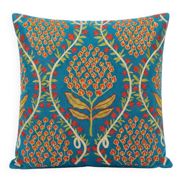 Housse de coussin en soie brodée de fleurs. Housse de coussin bleu. Coussin d'accent traditionnel ouzbek.