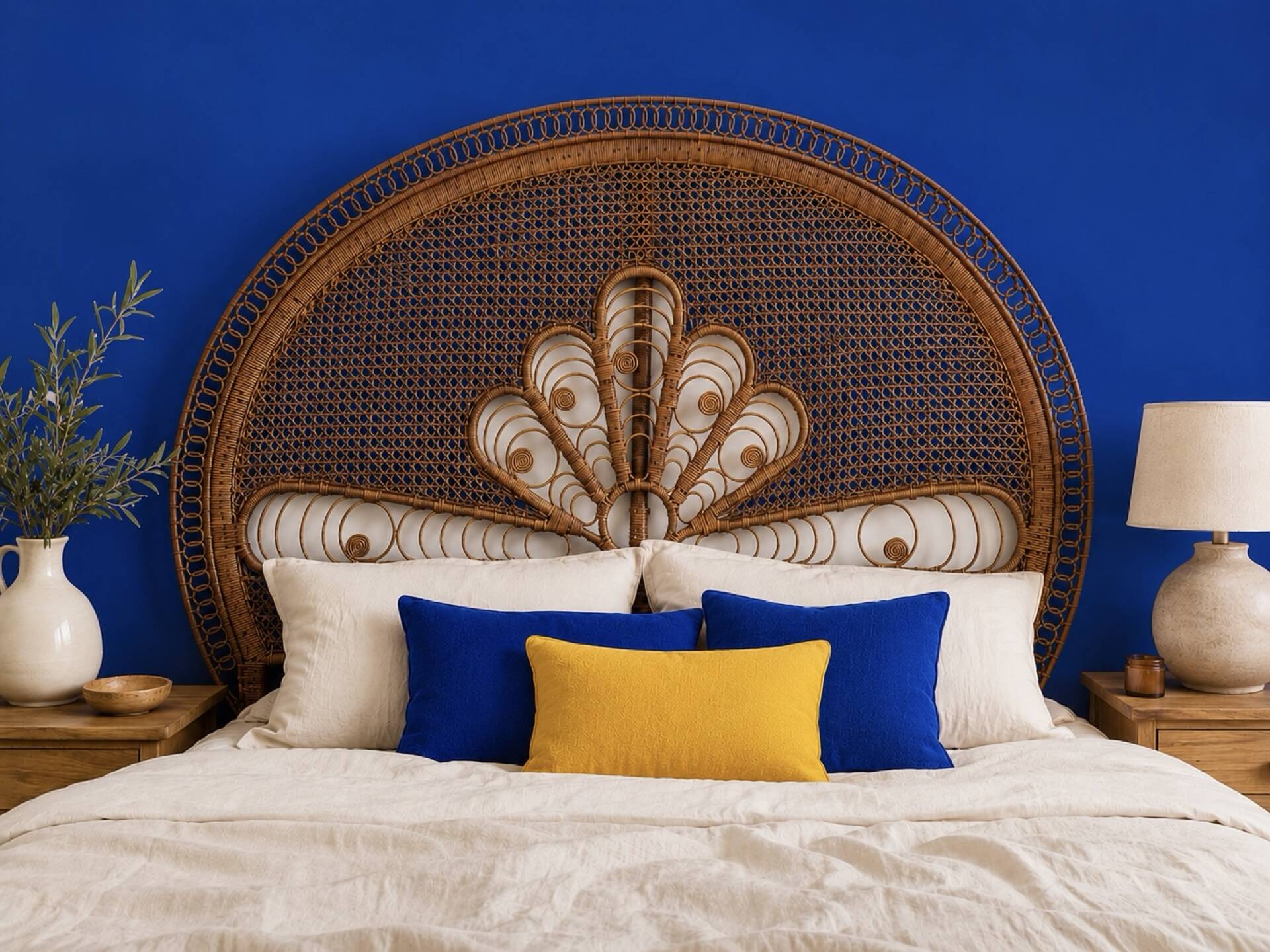 Large vintage headboard in woven rattan fan / Peacock 180cm