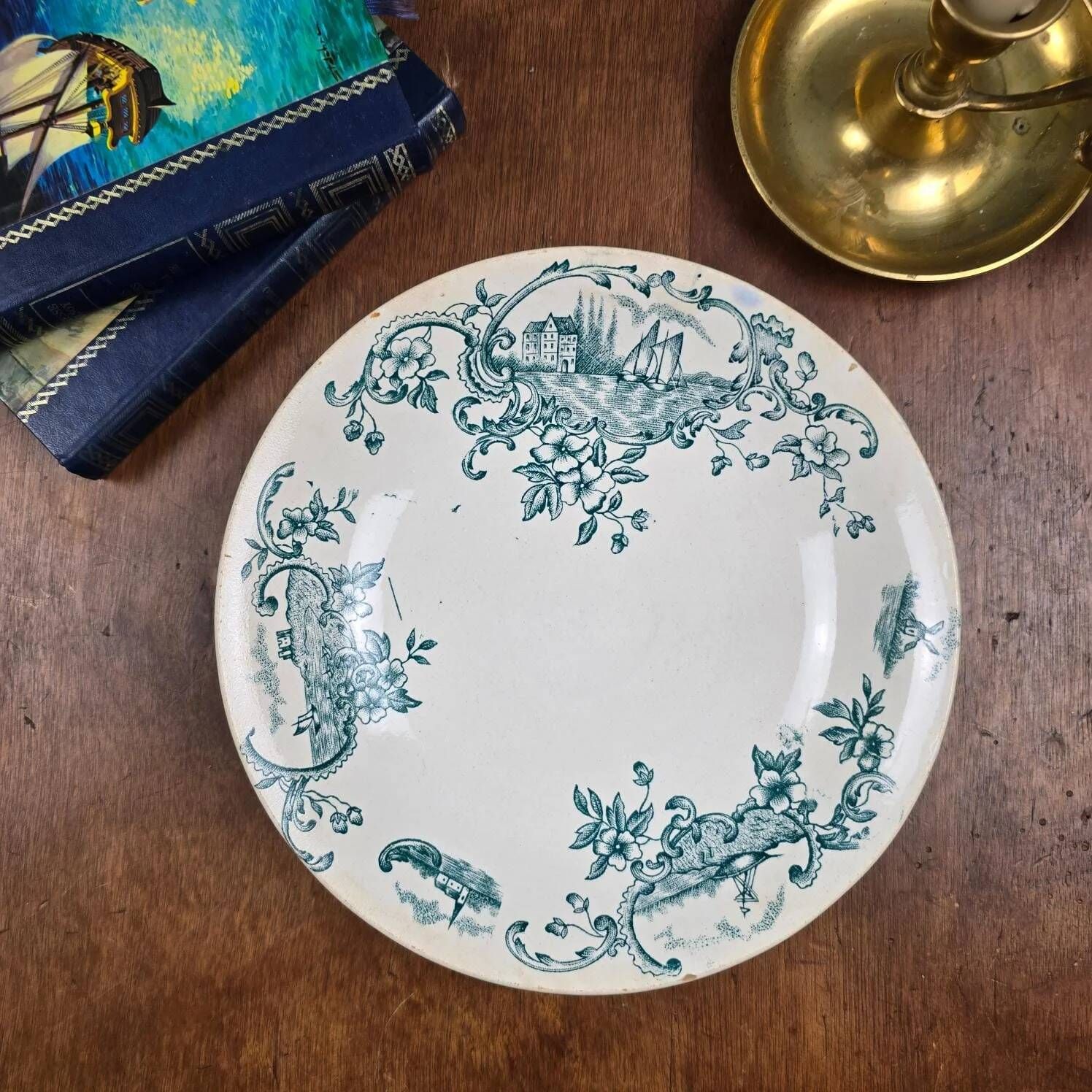 Antique compote dish Faïencerie de Lyon Marine, ironstone with blue-green decoration, 19th century.