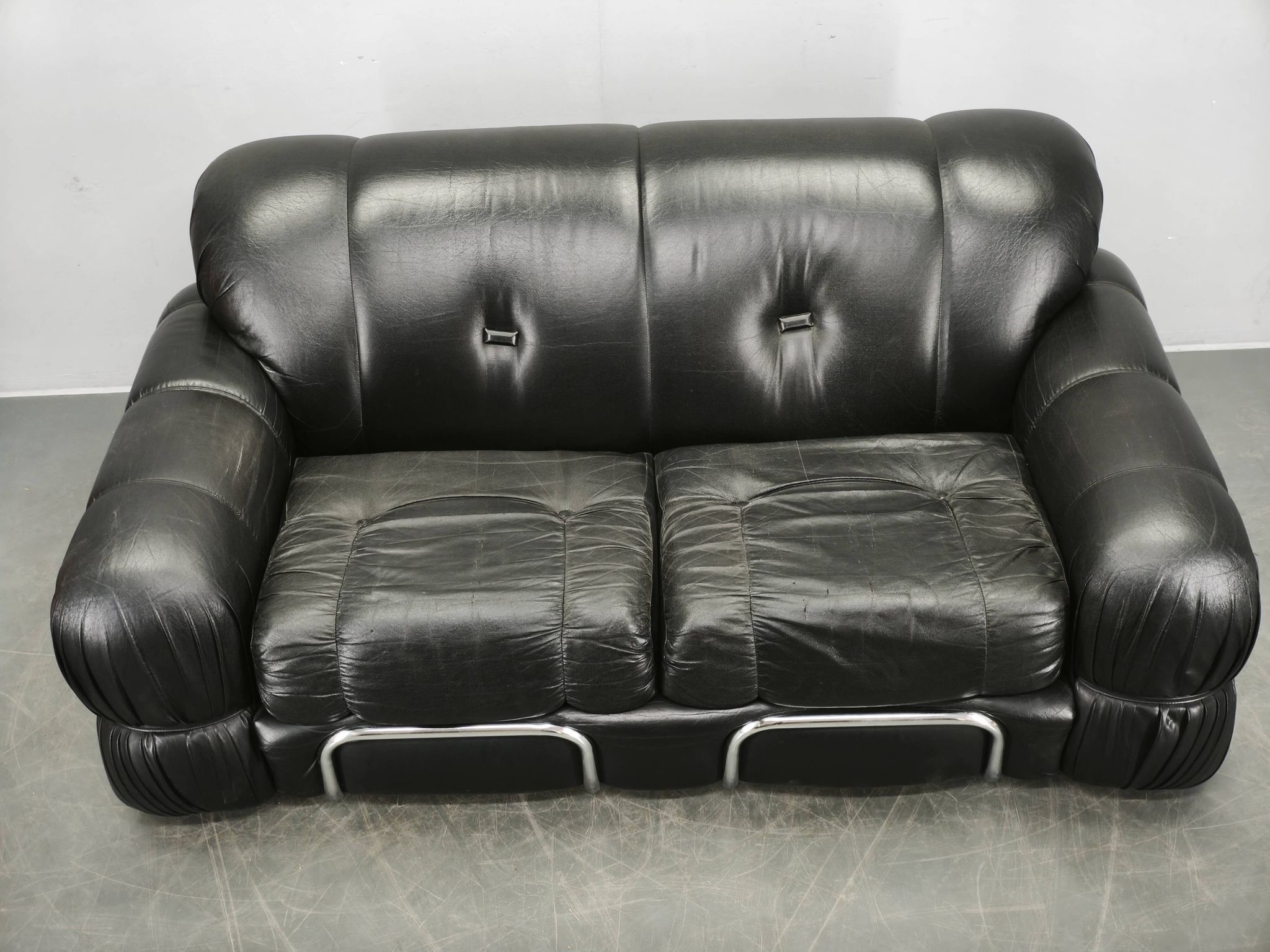 1970s Italian Two-Seat Sofa by Adriano Piazzesi in Chrome and Leatherette