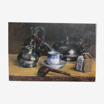 Oil on panel, still life with a pipe