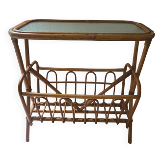 Porte-revues, table d'appoint en bambou et verre