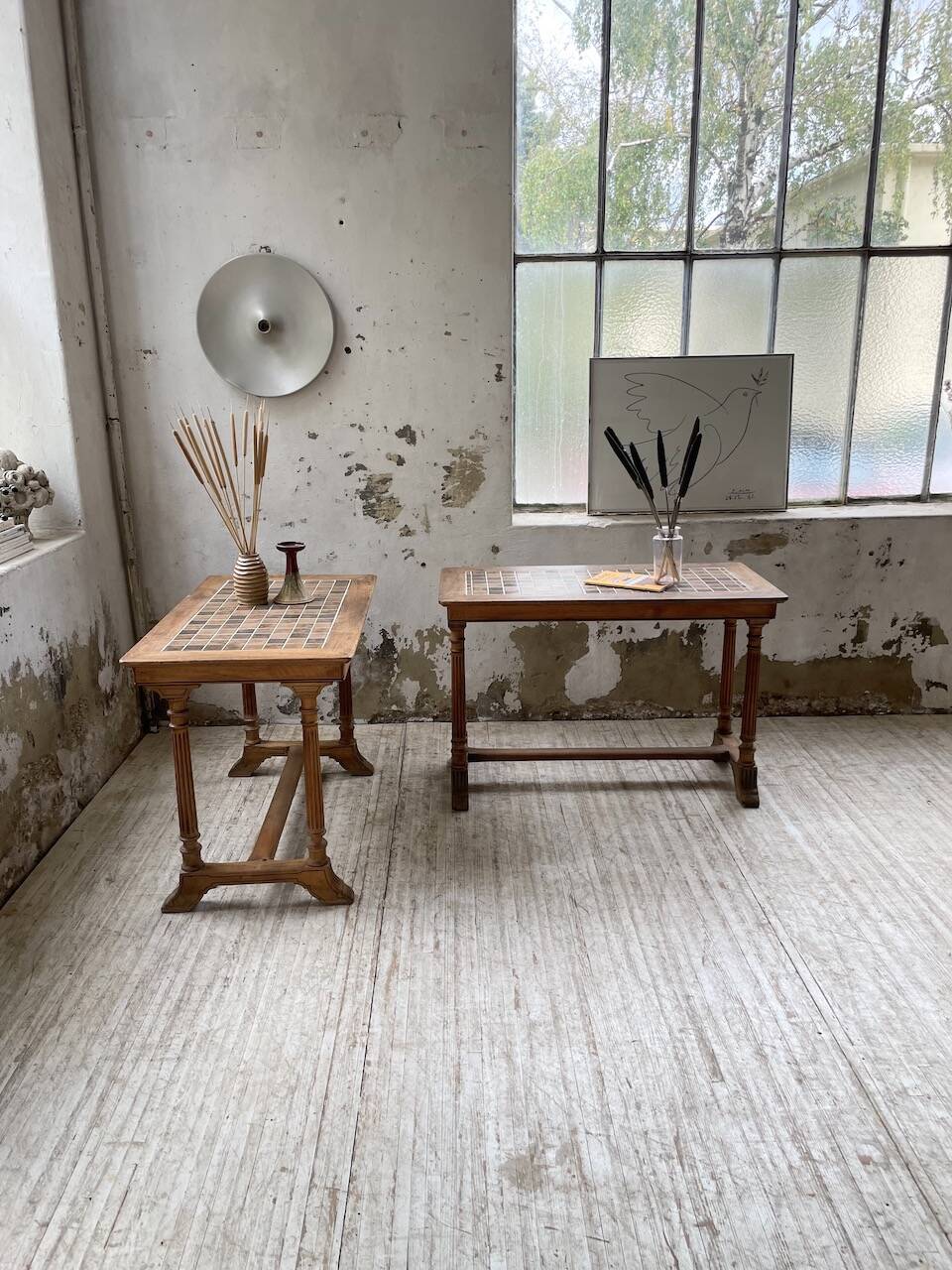Set of two bistro tables in walnut and tiling from 1890.
