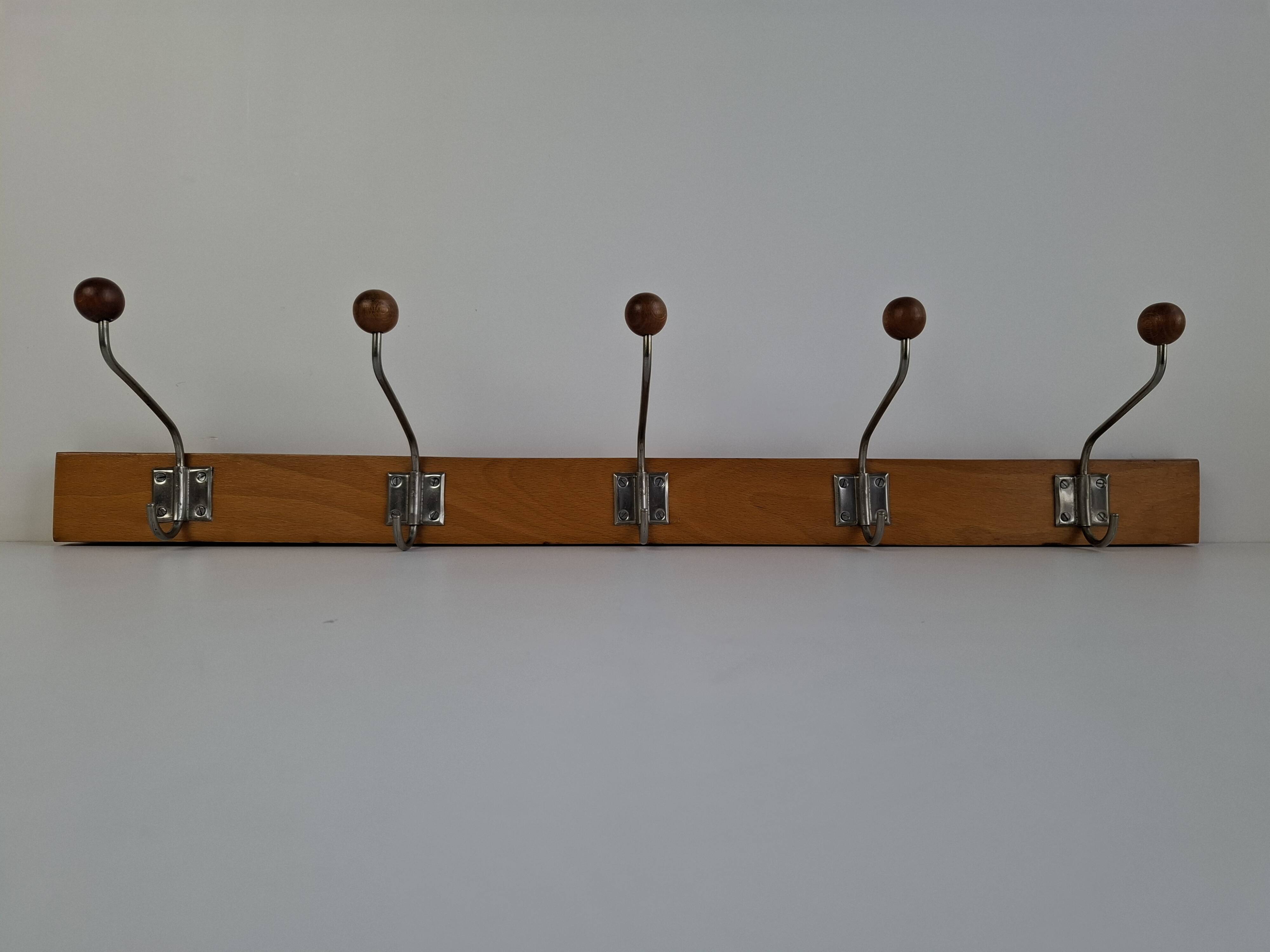 Czechoslovak Midcentury Wooden and Metal Wall Coat Rack, 1960s