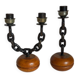 Duo of brutalist Art-popular candlesticks 50s