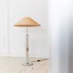 Richard Essig 1960s floor/table lamp with transparent glass body, chrome base, brown rattan shade