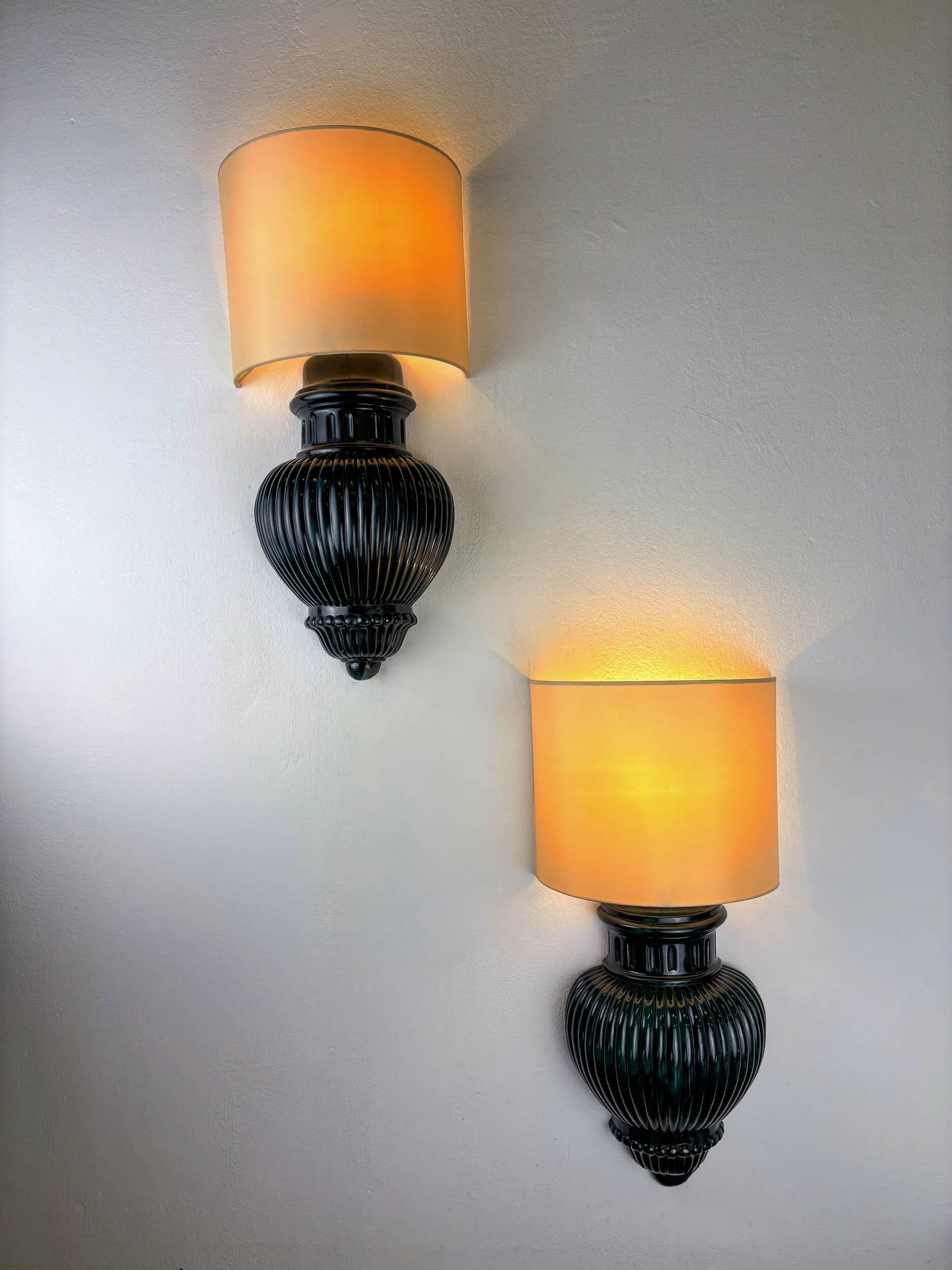 Pair of Art Deco wall lights with shades in glazed cast ceramic,Italy,1970s