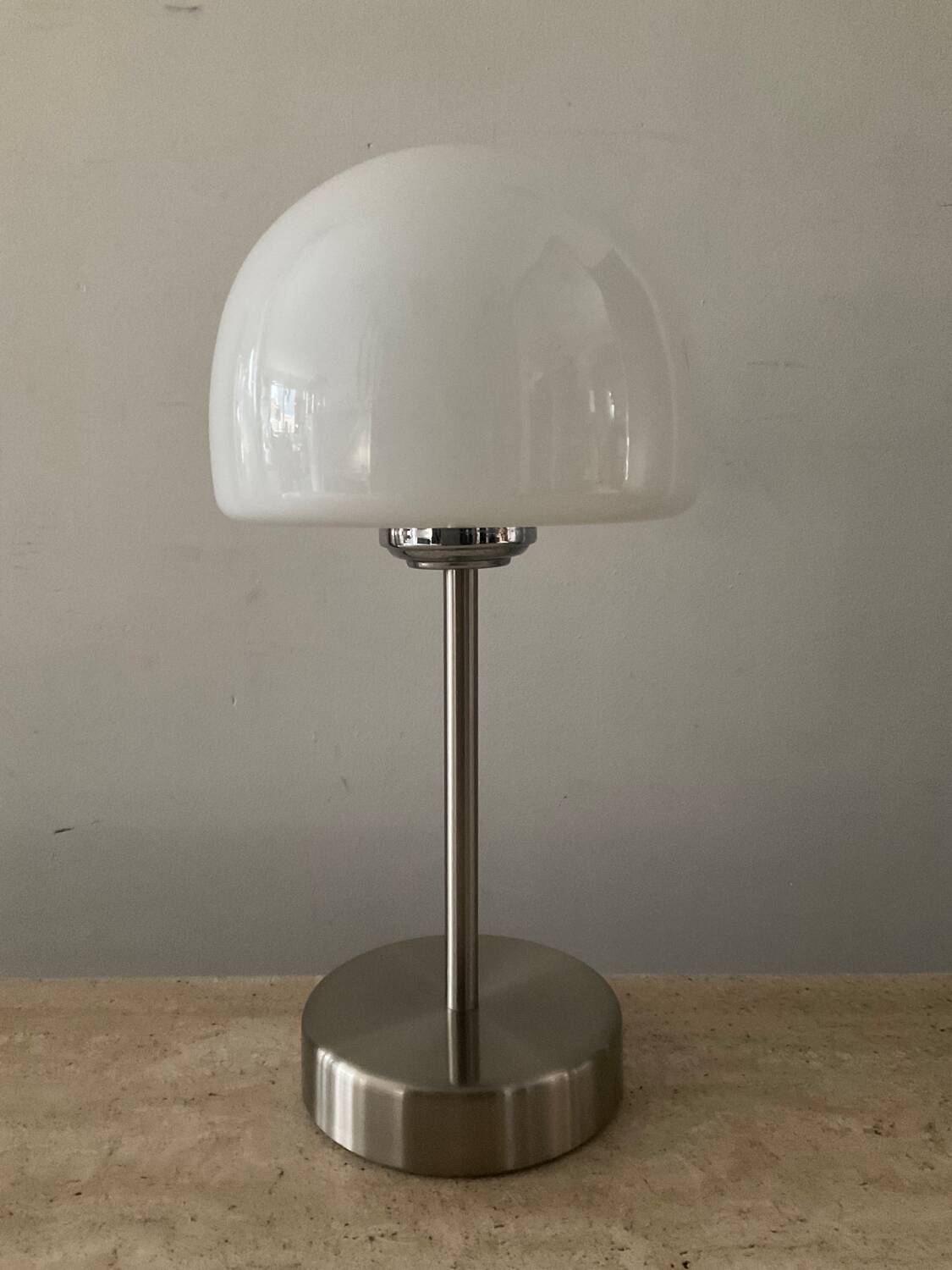 Space Age mushroom lamp in opaline and chromed metal