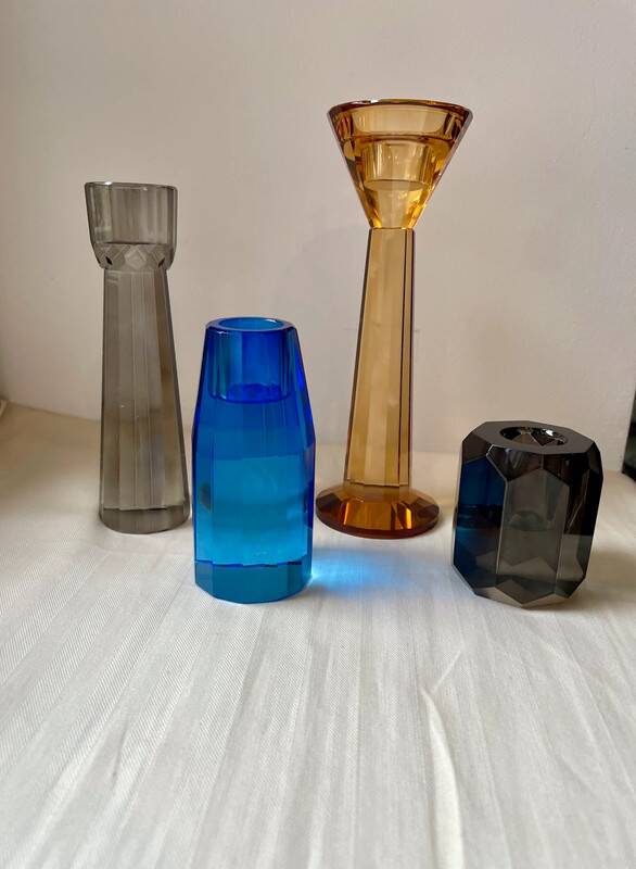 4 designer candle holders in colored glass