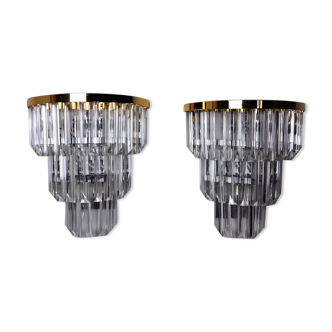 Pair of Venini wall lamps, 3 levels, triedri crystals, Italy, 1970