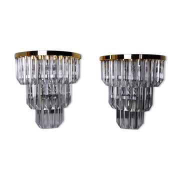 Pair of Venini wall lamps, 3 levels, triedri crystals, Italy, 1970