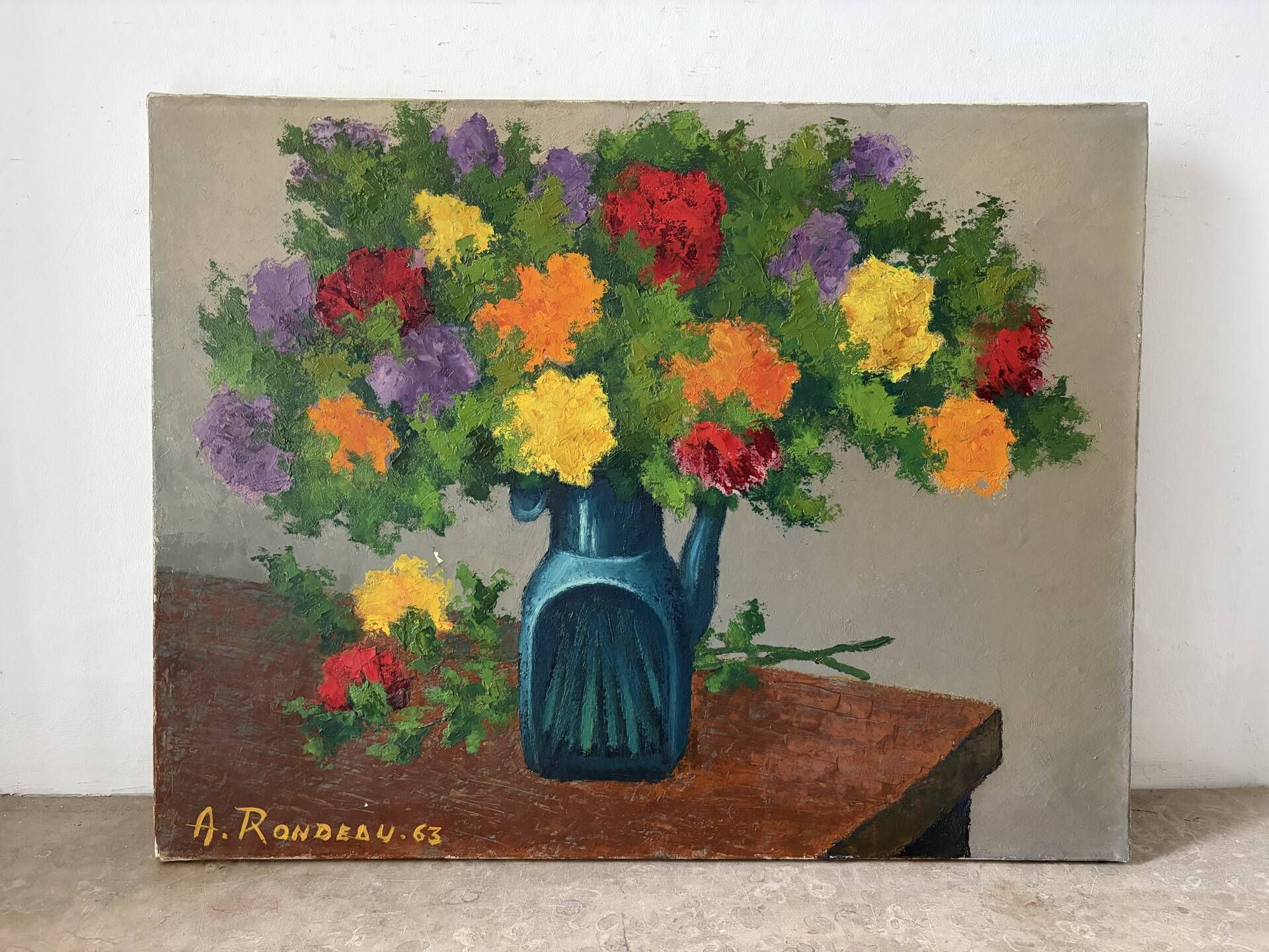 Bouquet in a jug, oil on canvas signed Rondeau 1963