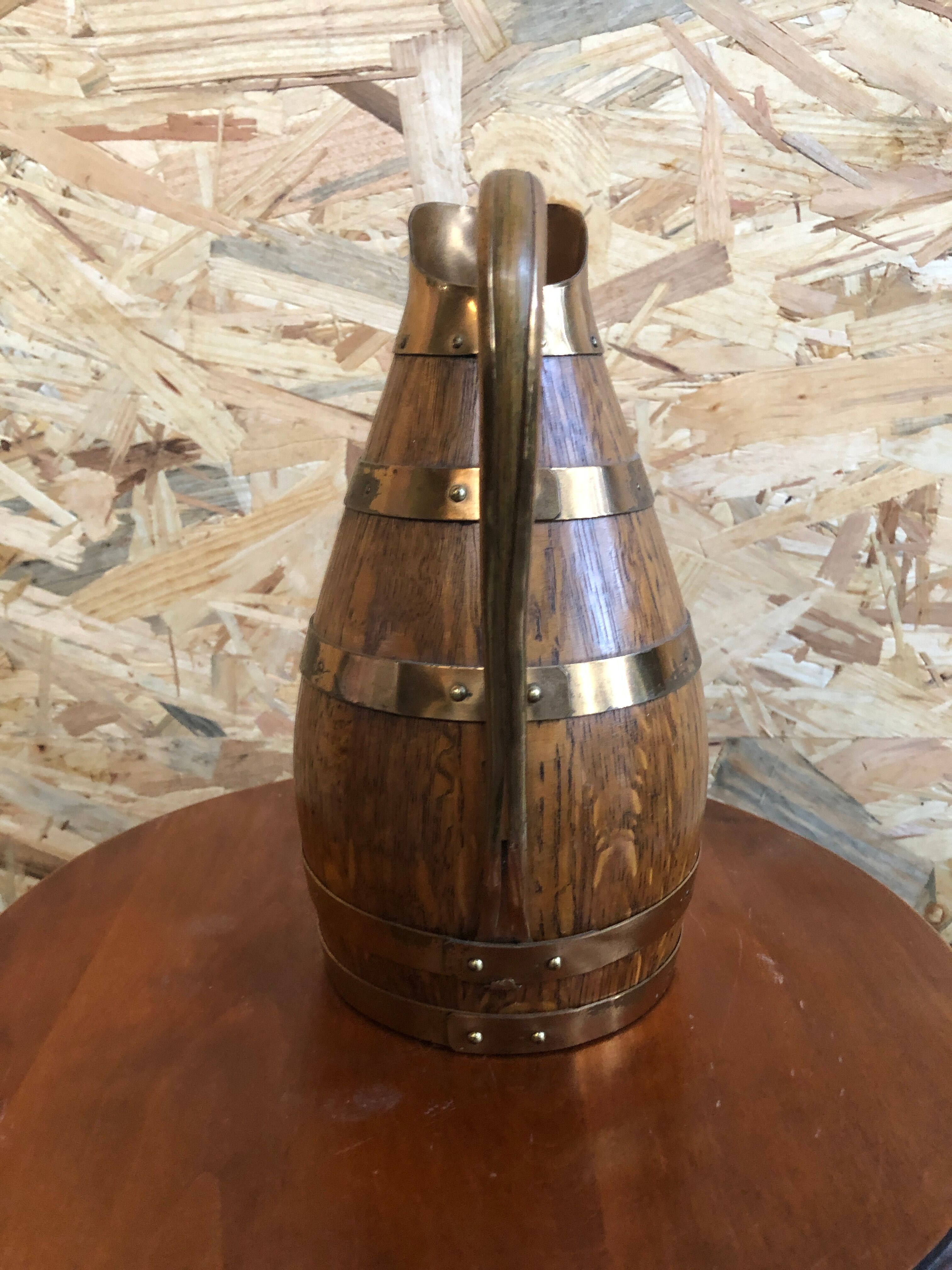 Old pitcher wood + strapping gold metal tableware style xixth vintage