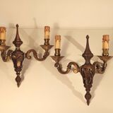 Paire d'appliques double feux anciennes Art Déco en bronze