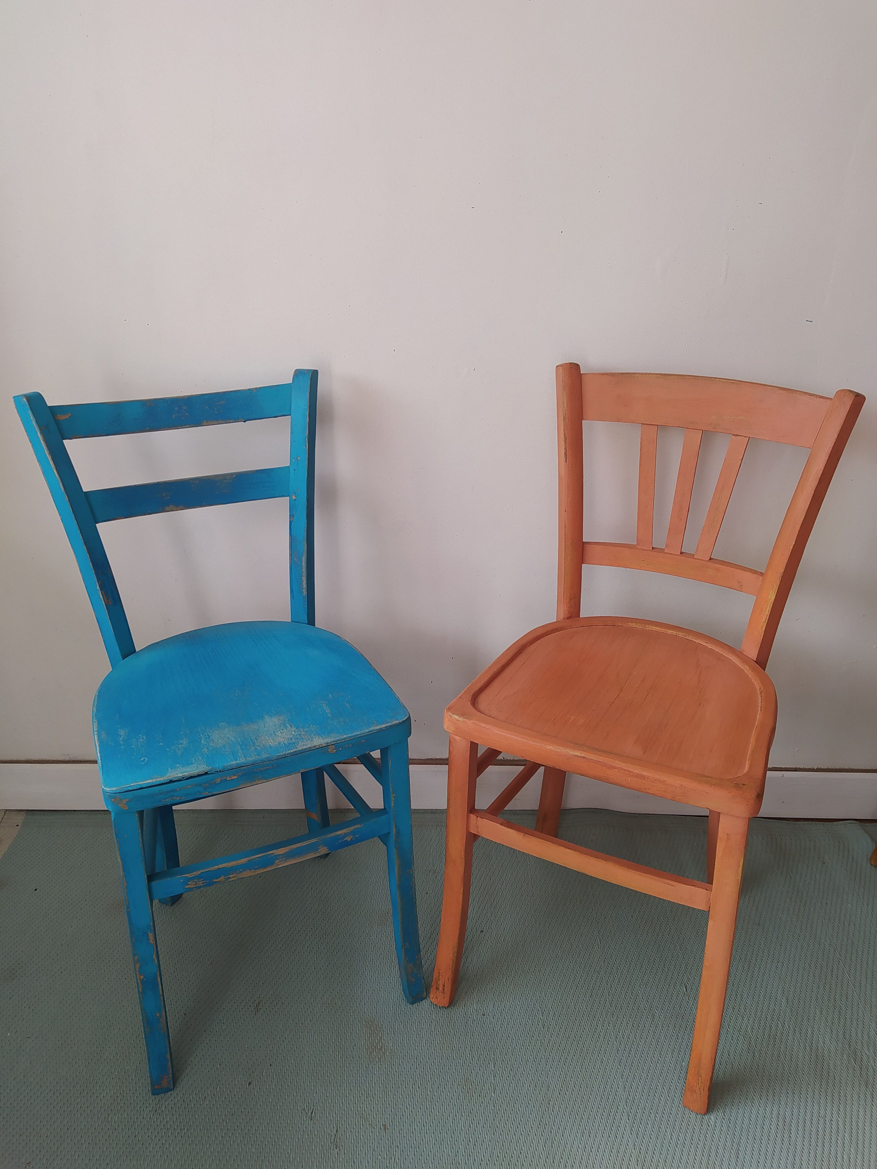 Pair of bistro chairs in patinated wood