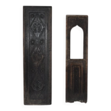 Set of 2 carved brown wooden panels, rural Hungary, 1940s, geometric patterns.