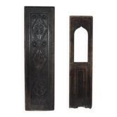 Lot de 2 panneaux sculptés en bois marron, Hongrie rurale, années 40, motifs géométriques