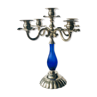 Cobalt blue glass and vintage chrome candle holder