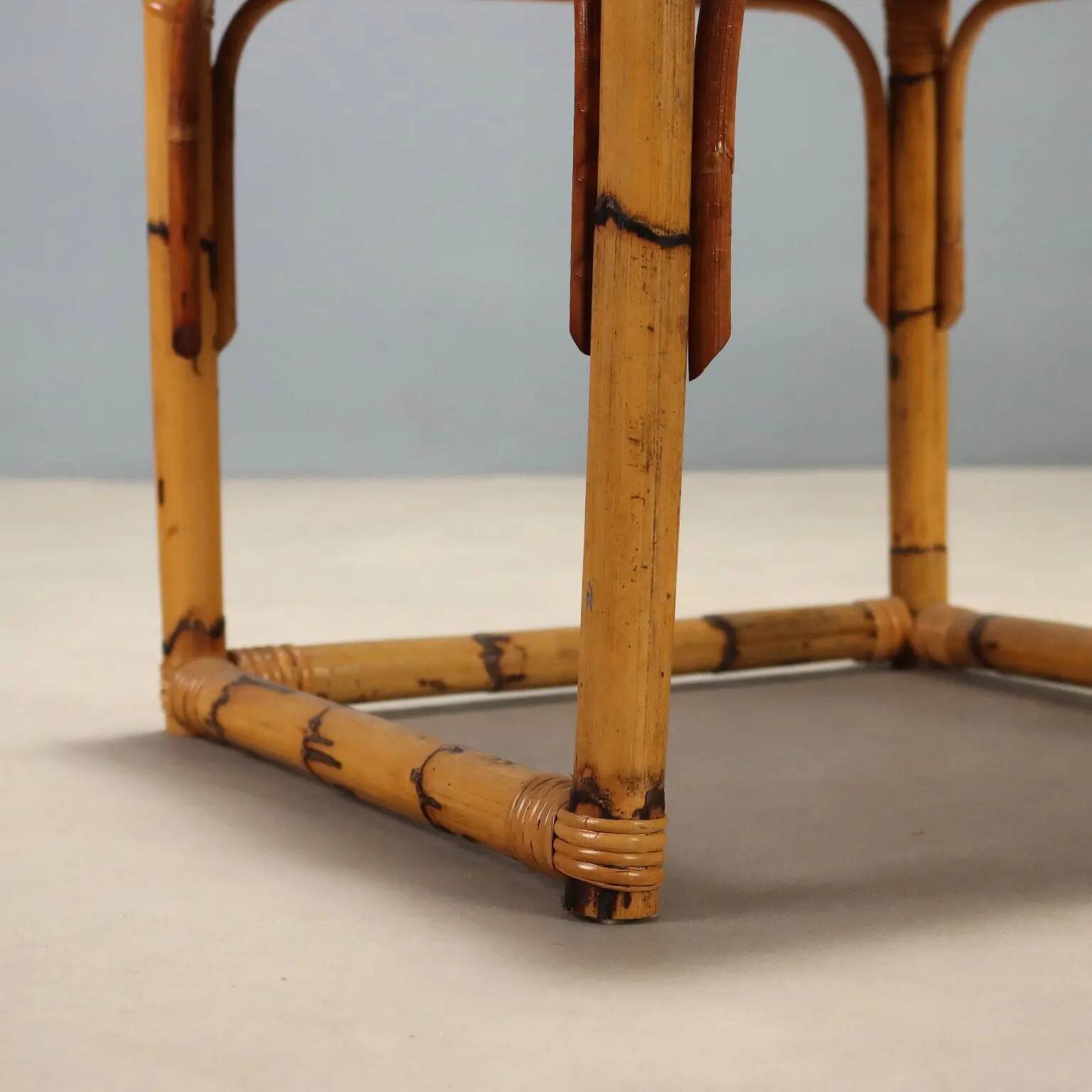 Vintage coffee tables in walnut and bamboo, Italian design 1970s-1980s.