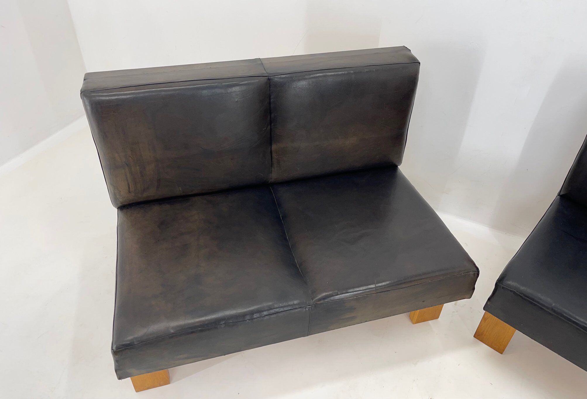 Leather & Oak Wood Modular Sofa and Chairs, 1970's