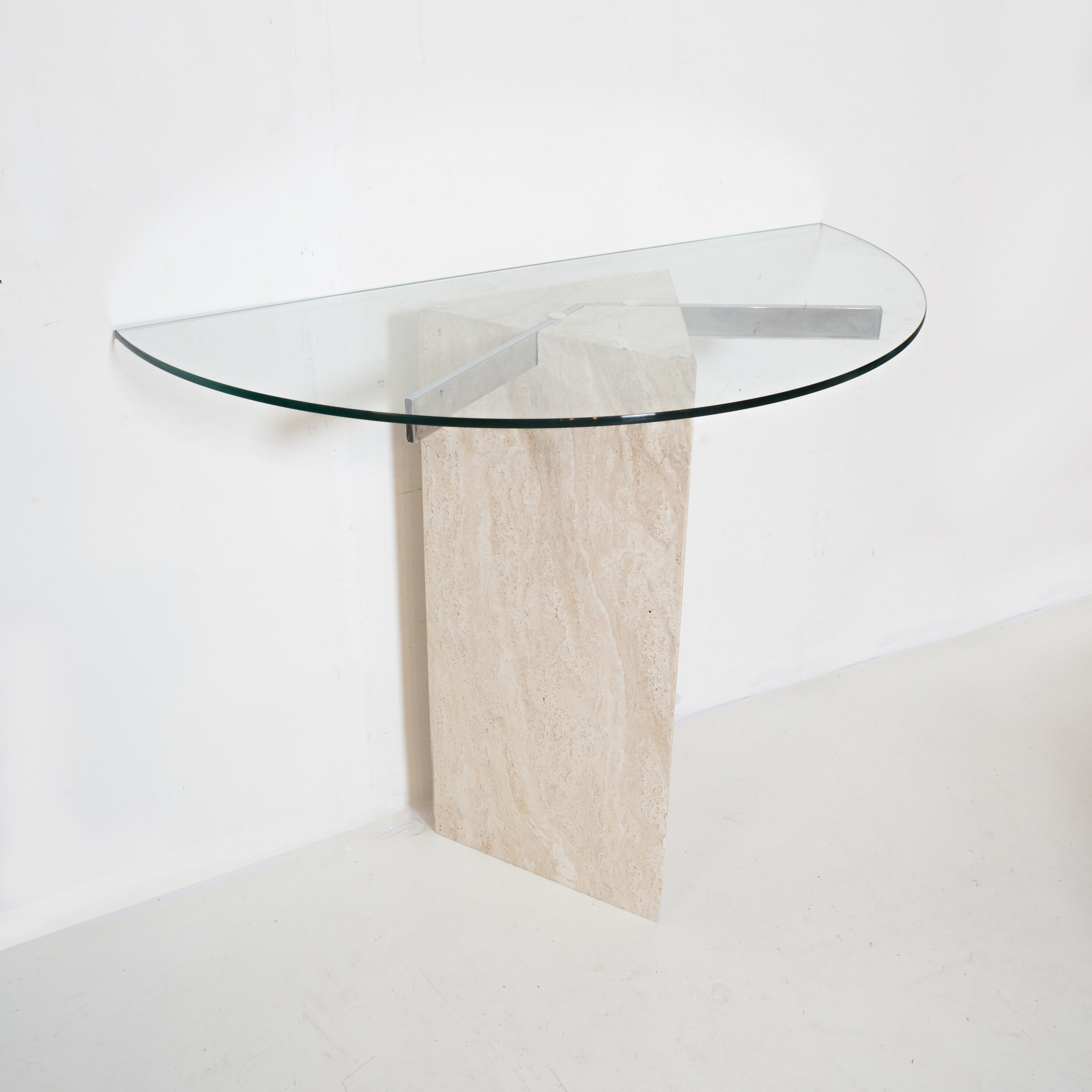 Travertine console and vintage glass