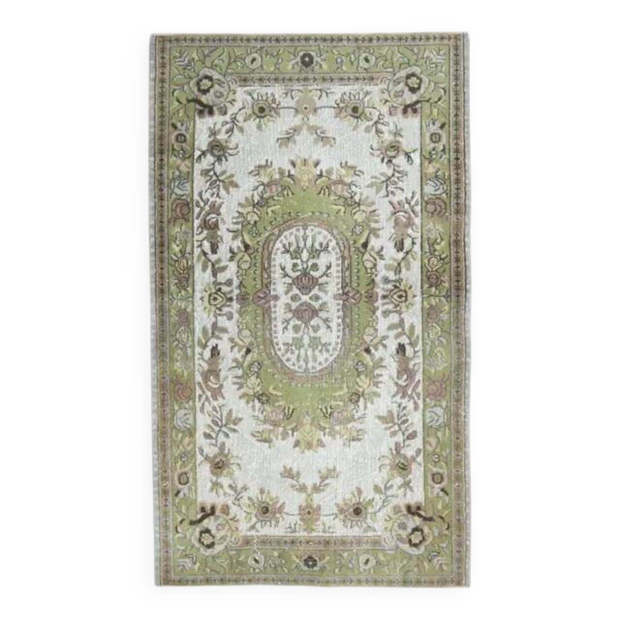 Vintage Turkish Oushak handmade wool cotton green area rug 108x225