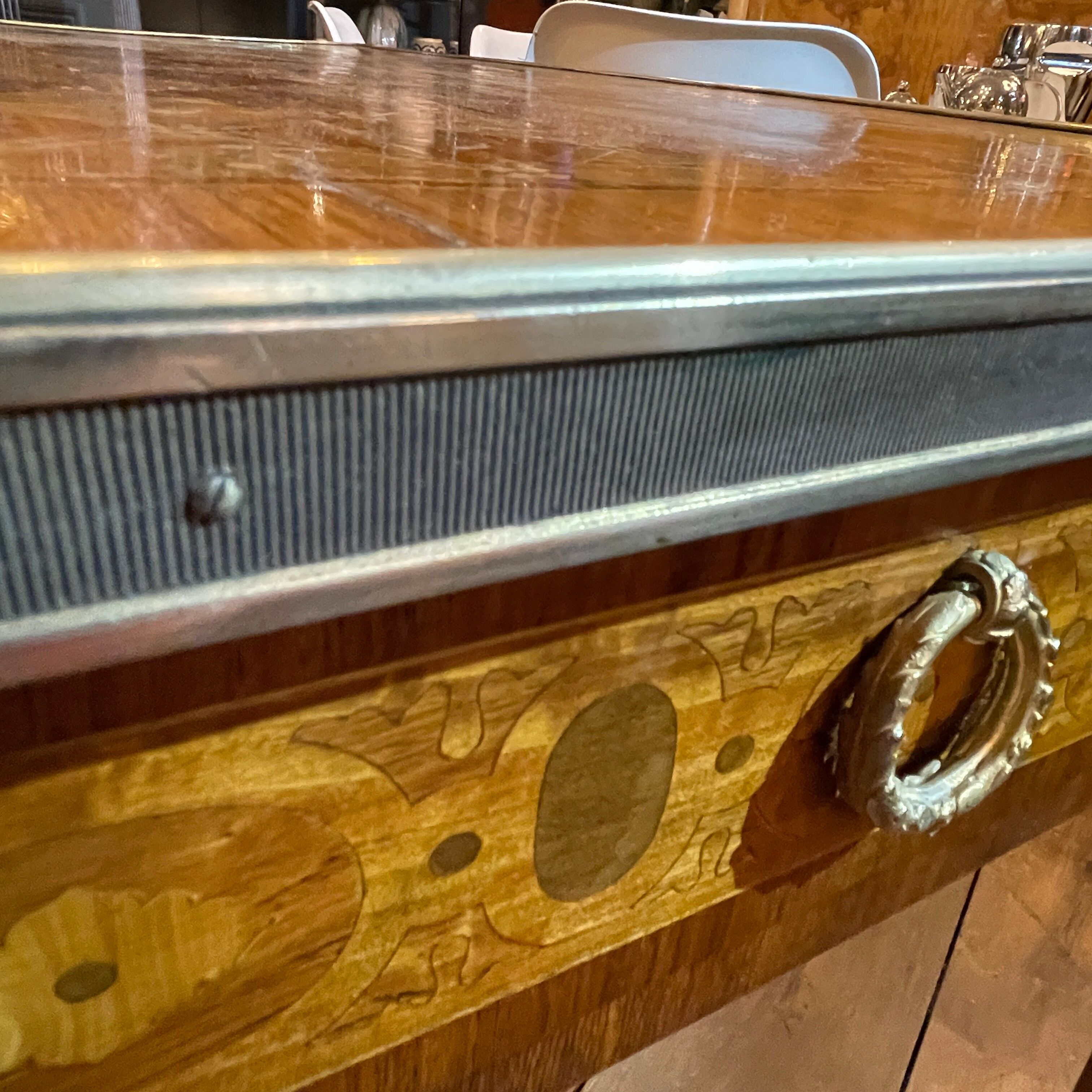 Louis XVI Directoire desk table richly inlaid, brass belt and 2 drawers, 19th century